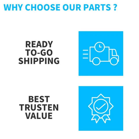 Graphic showing benefits: ready-to-go shipping with a delivery truck icon, best trusten value with an award icon.