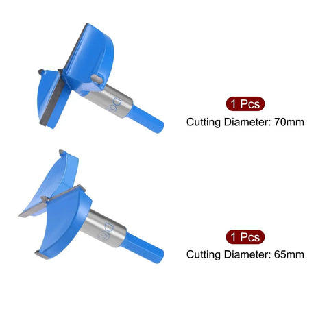 Forstner Drill Bits Set 65mm And 70mm With Hex Shank Tungsten Carbide Cutter for woodworking, shown side view.
