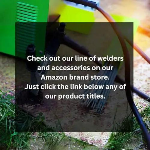 Image of a message promoting welders and accessories, featuring a welder machine and cables, with text about Amazon brand store.