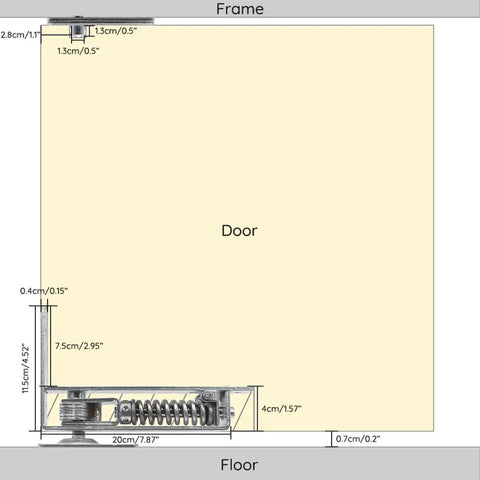 Diagram showing installation of Double Action Spring Hinge With Cover Plates For Wood Doors Self Closing Top Pivot Hinge.