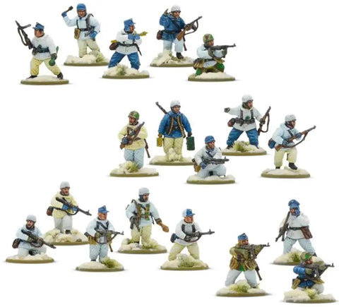 Bolt Action Battle of the Bulge Starter Set miniatures set for adults, showcasing WWII infantry figures in winter uniforms on terrain bases.