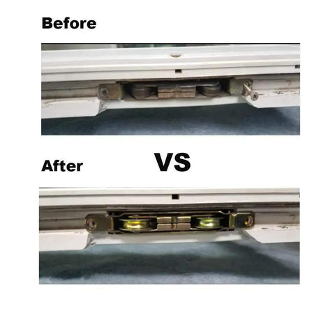 Before and after comparison of 2 Pack Sliding Patio Door Roller Assembly With 1-1/4 Inch Steel Ball Wheel Bearing Side Adjustable Replacement For Damaged Doors Includes 5/16 Inch Wheel Thickness And 1-1/4 Inch Diameter Durable Heavy Duty Rollers installed in sliding door track.