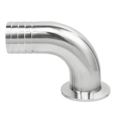 Stainless steel sanitary hose elbow, 90-degree, 3/4 in barb end, 1.5 in tri-clamp flange, SS304.
