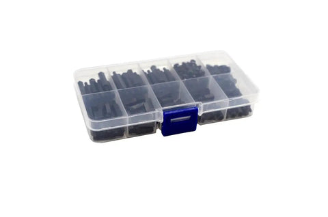320 Piece M2.5 Nylon Hex Spacer Standoff Kit With Screws And Nuts In Black; plastic storage box view