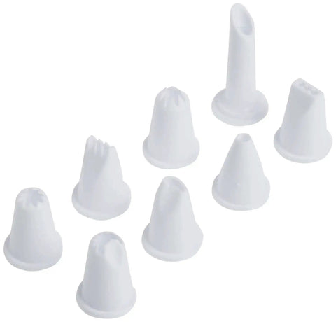 Eight multicolor tips from the Cupcake Injector And Decorating Icing Kit, Nine Piece Stainless Steel Set, for frosting and filling cupcakes.