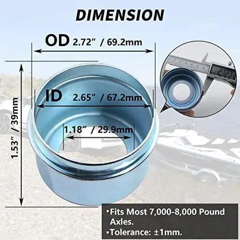 Heavy Duty Trailer Hub Cap Set For 7000 To 8000 Pound Axles With 2.72 Inch OD Dust Caps dimensions and details