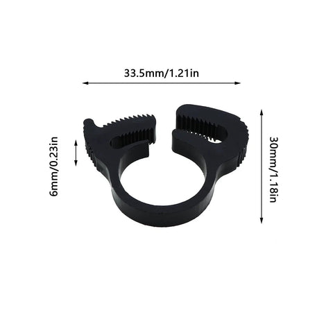 20 Piece Nylon Hose Clamps Five Eighth Inch Carabiner Style Black Plastic Hose Band Fasteners shown with dimensions
