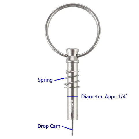 Four Pack Quick Release Pins For Bimini Tops And Boat Covers With Drop Cam And Spring, Quarter Inch Diameter, Stainless Steel Front View