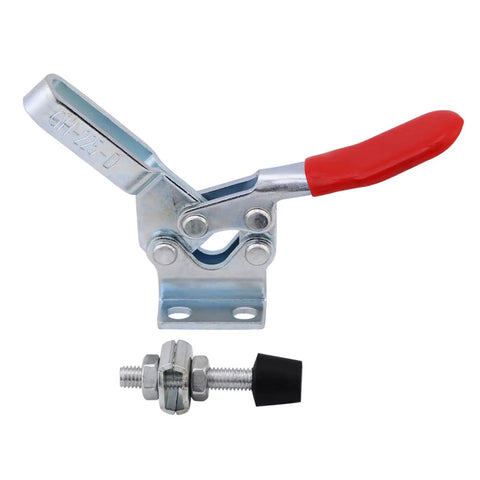 Set Of 5 Beefy Toggle Clamps With Quick Release Vertical Design And 227 Kg Holding Capacity For Woodworking Jigs And Fixtures Welding And Drill Press Fixturing, shown with red handle