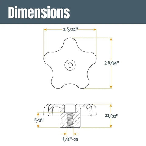 Dimensions of T Track Knob Kit Set With Five Star Knobs, 1/4-20 Threaded Bolts And Washers, top and side view with measurements.