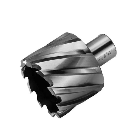 Premium HSS Annular Cutter Kit With Pilot Pin For Magnetic Drill Press By JESTUOUS One And Seven Eighths Inch Outer Diameter One Inch Cutting Depth Three Quarter Inch Weldon Shank Includes Plastic Case Slugger Bit For Clean Burr Free Holes close-up front view