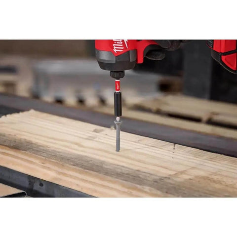 Shockwave Impact Duty Driver Bit Set 80 Piece with Wear Guard Tip shown drilling into wood, highlighting Optimized Shock Zone.