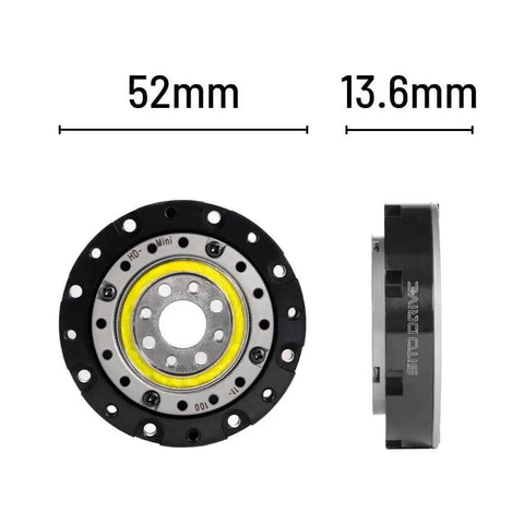 Front and side view of Strain Wave Gearbox Motor 100 To 1 Low Backlash Reducer with 52mm frame, space-saving design for industrial use.