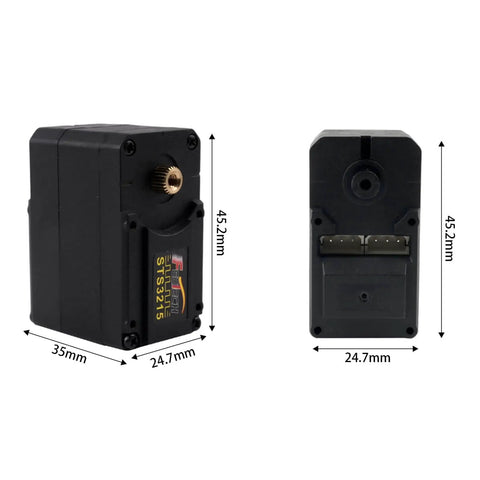 360 Degree Robotic Servo Motor With Magnetic Encoder And Serial Bus, 7.4V, front and side view showing dimensions.