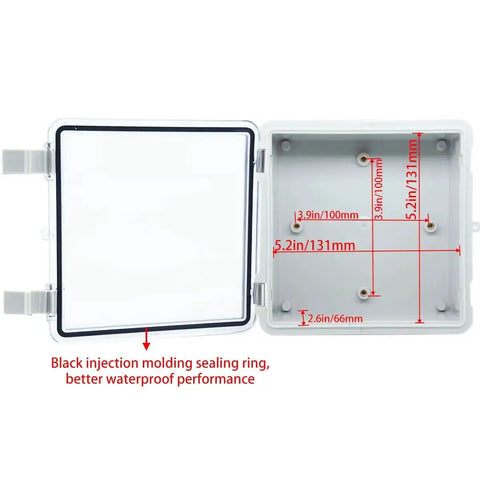 Open view of Built Tough IP67 Waterproof ABS Junction Box With Hinged Clear Cover Two NPT Half Inch Cable Glands Electrical Enclosure