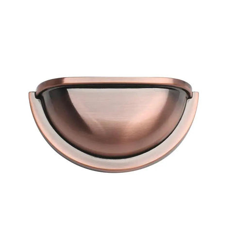 Front view of a 3 Inch Bin Cup Drawer Cabinet Pull in Antique Copper Finish from a 10 Pack Kitchen Cabinet Hardware set.