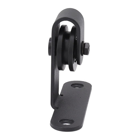 Close-up of black roller component from Quiet ABS Sliding Barn Door Hardware Kit For Double Doors With Bypass Track Flat Rail Low Ceiling Ready.