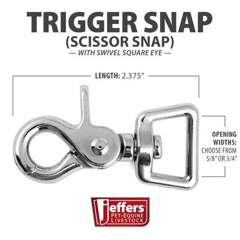 2.5 Inch Trigger Snap Clip With Swivel Square Eye Nickel Plated Die Cast 4 Pack with dimensions and brand logo