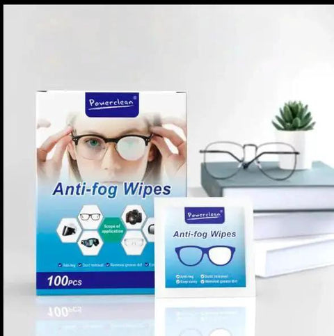 Anti Fog Wipes For Glasses And Screens Pre Moistened Quick Dry 100 Pack, packaging with glasses in background