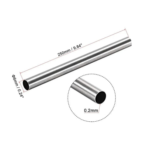Premium 304 Stainless Steel Round Tubing Set 6mm OD 0.2mm Wall 250mm Length Seamless Pipe Tube 2 Pcs with measurements shown