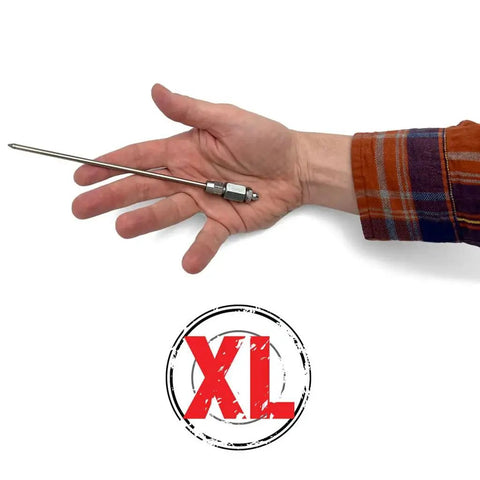 Hand holding the Narrow Needle Greasing Adapter XL For Hand Operated Grease Guns By LockNLube, showing its 7.5-inch length