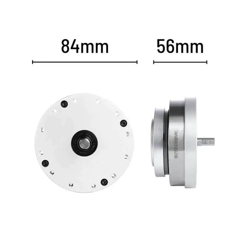 Front and side view of SHF-17-IV Strain Wave Gearbox Beefy High Torque For Automation Arm And BLDC Servo Motors, 84mm diameter, 56mm depth.