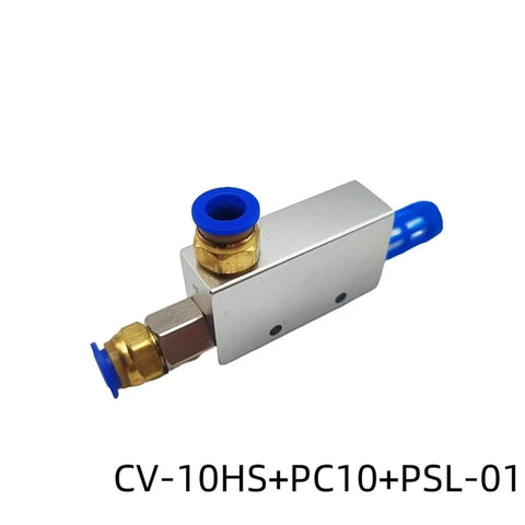 Top Tier Pneumatic Vacuum Generator Valve CV-10HS with fittings for industrial automation and robotic systems, silver and blue design