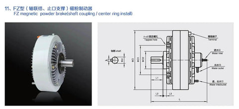 Rugged And Ready Heavy Duty Industrial Magnetic Particle Brake FZ200 Series for brakes and clutches, front view with diagram