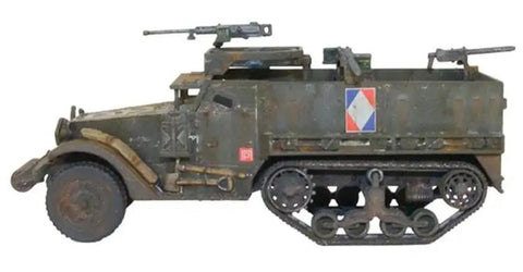 Side view of US Army M3A1 Half Track Scale Model Kit for Bolt Action War Gaming, 1/56 scale, 28mm plastic WWII miniature with decals.