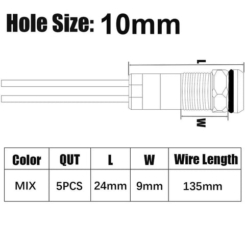 Diagram showing measurements of 5Pcs 10mm LED Indicator Lights AC DC 12 To 24V Waterproof Rugged Metal Signal Lamp Pilot Dash Lights.