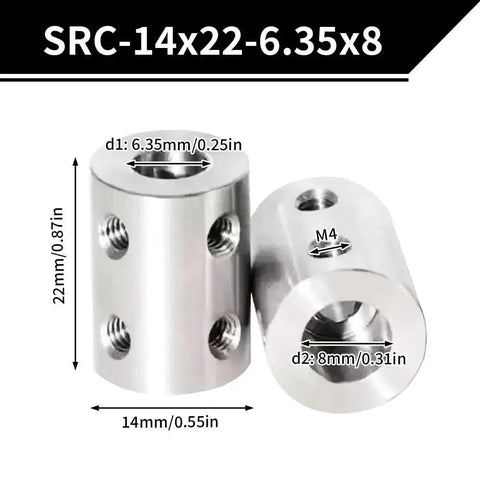 Two Pack 6.35mm To 8mm Bore Rigid Shaft Coupler With M4 Set Screws Stainless Steel For 3D Printers Motors And RC Hobby Projects