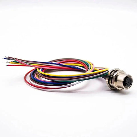 Waterproof M12 8 Pin Sensor Receptacle Connector A Coded Aviation Socket with colorful wiring displayed on white background.