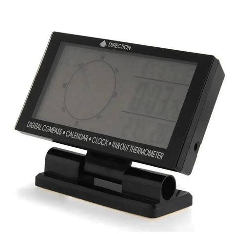 Side view of Digital Car Thermometer With Blue Backlight Compass Clock And Large LCD Display showing compass and thermometer readings.