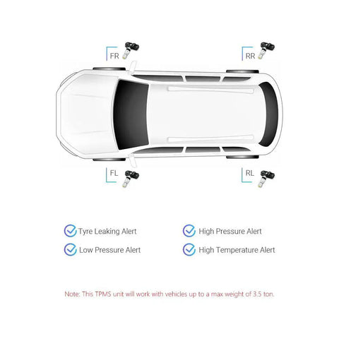 XTRONS car TPMS sensor system with four sensors around wheels; top view of white sedan.
