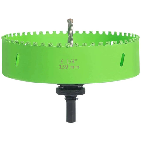 Six And A Quarter Inch Carbide Grit Hole Saw For Six Inch Recessed Lighting Installations, Cuts Through Stucco Drywall Plaster Cement Board And Plastic, Depth One And A Half Inch, Longer Life, Arbor Seven Sixteenth Inch, Fits Half Inch Chuck.