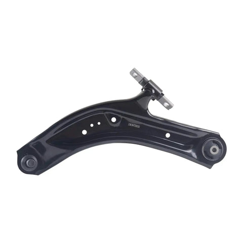 Front view of black lower control arm with ball joint for Nissan Rogue, Rogue Sport, Qashqai, Beefed Up Replacement K623110 K623111.