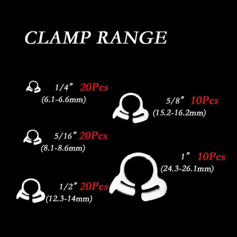 Heavy Duty Nylon Hose Clamps Set With Double Snap Grip And Ratcheting Adjustment 50 Pack Includes One Quarter Inch Five Sixteenth Inch One Half Inch Five Eighth Inch And One Inch Sizes For Secure Fastening Reusable And Easy To Install shown in size range diagram.