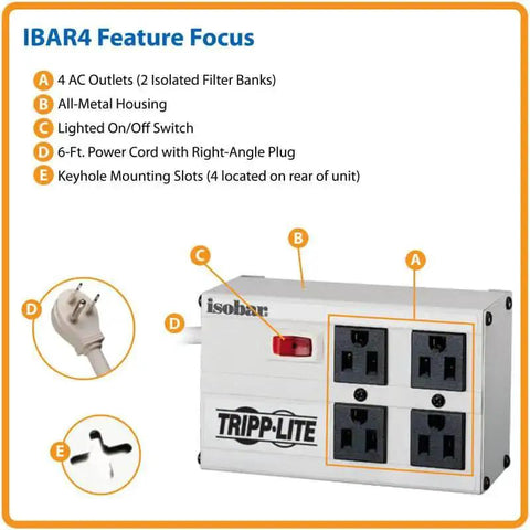 Isobar 4-Outlet Surge Protector Power Strip With 6-Foot Cord Right Angle Plug 3330 Joules Metal Housing with key features visible