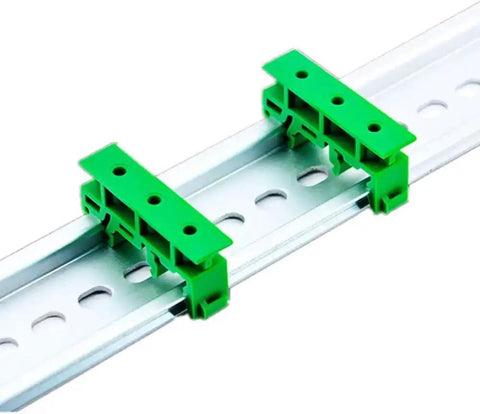 C45 DIN Rail PCB Mounting Adapter Carrier Clip For 35mm Rails With 15mm Spacing installed on silver rail, green PA66 material