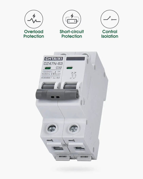 Front view of 32 Amp AC Miniature Circuit Breaker, 2 Pole DIN Rail Mount, Thermal Magnetic Trip, 120V 240V, Solar Disconnect Switch MCB C32