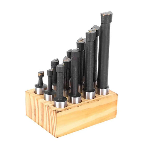 12 Piece F1 Type Boring Cutter Set Five Eighth Inch CNC Milling Tools Kit on wooden stand, high-speed steel, varied lengths