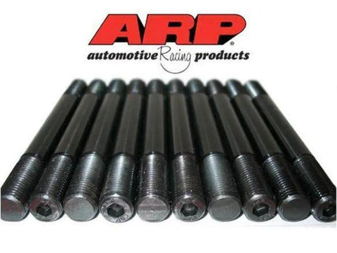 Nine black hex bolts lined up under ARP logo, showcasing fastener hardware for automotive racing applications.