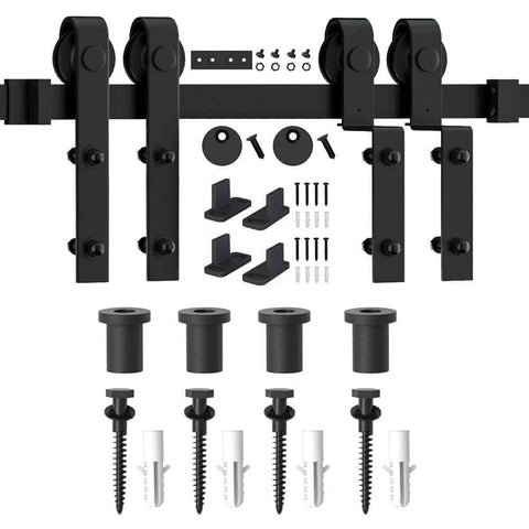 Heavy Duty 5 Foot Single Track Bypass Barn Door Hardware Kit For Double Doors With Antique Rollers Smooth Sliding System