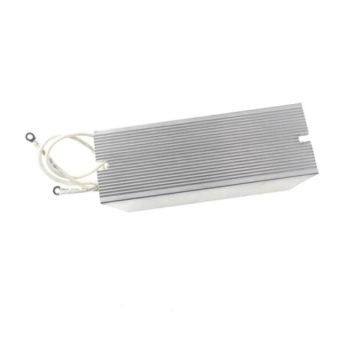 Front view of aluminum-cased high-power resistor with ribbed heatsink and white braided leads with ring terminals