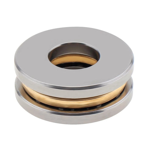 Thrust ball bearing with chrome outer race and gold inner race; 8 mm bore, 19 mm OD, 7 mm thick, miniature axial bearing