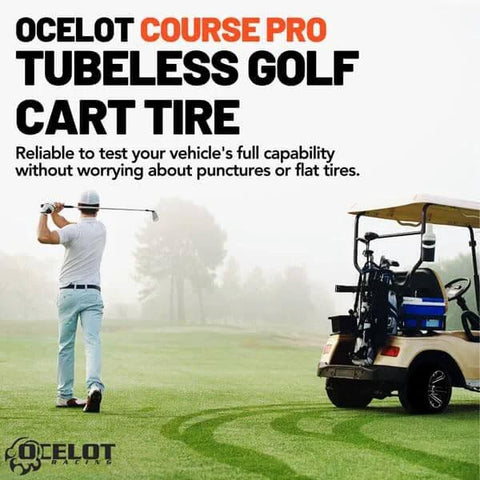 Course Pro 205-50-10 Golf Cart Tires 4-Ply Tubeless Street Style with golfer and cart on golf course