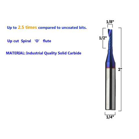 Single Flute Upcut Spiral End Mill For CNC Router Use With NACO Coating, showing dimensions and solid carbide material