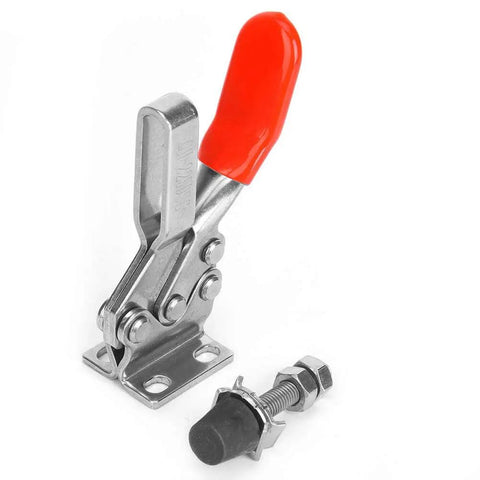 304 Stainless Steel Toggle Clamp, Beast Mode Heavy Duty 280Kg Clamping Force For Welding Fixtures And Woodworking Jigs, Quick Release Horizontal Clamp With 4 Hole Base And Rubber Pad, Rust Resistant, Built For Real World Shops, shown in stand-alone view with red handle and bolt accessory.