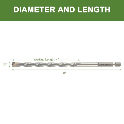 Masonry Drill Bit Set for Concrete and Stone, Quarter Inch Hex Shank, 6 Inch Length, Carbide Tipped, Heavy Duty Hammer Drill Bits