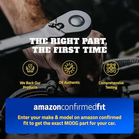 Mechanic tightening bolt with wrench, promoting Amazon Confirmed Fit for accurate MOOG car part selection based on vehicle.